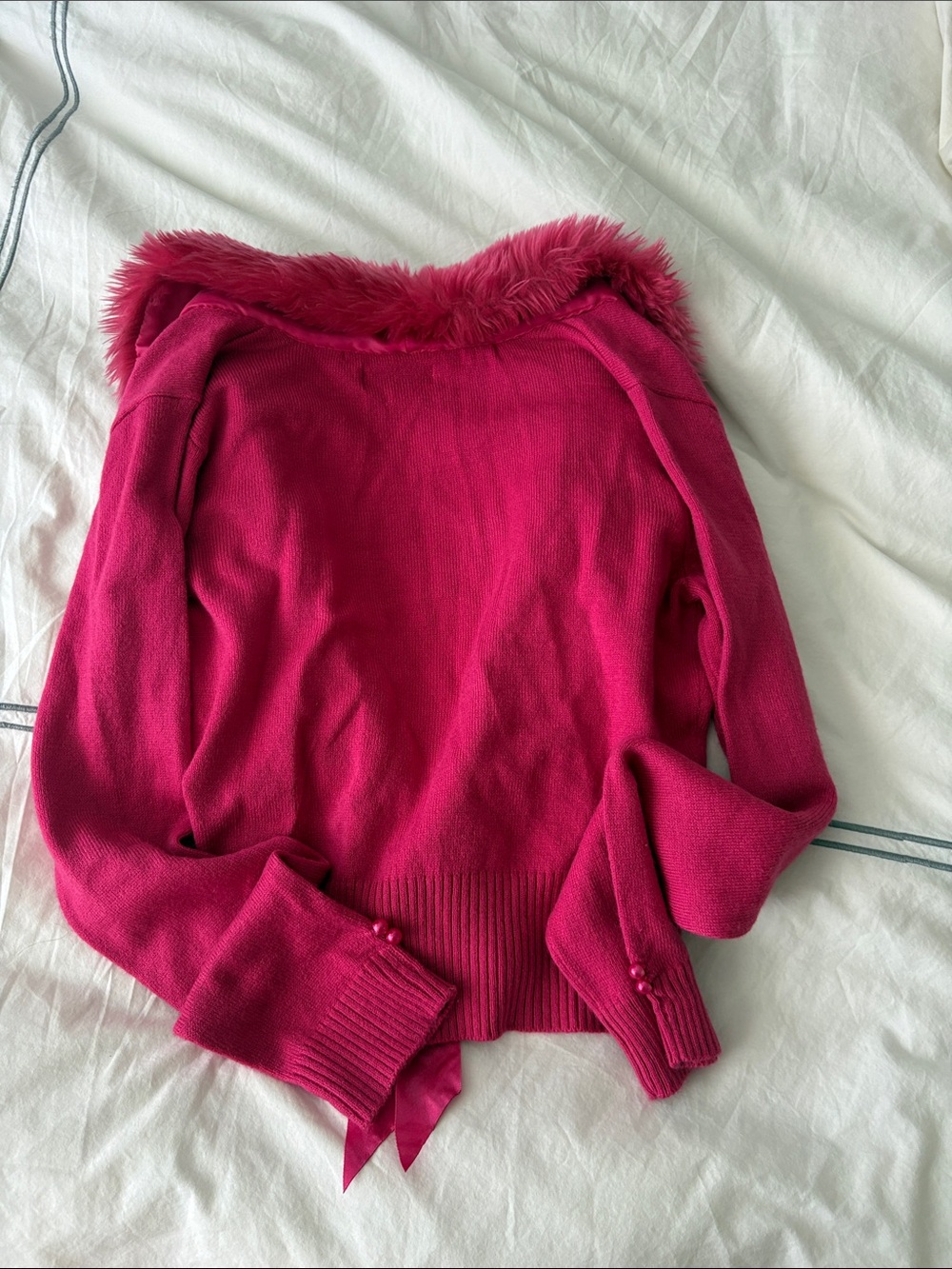 Women's Fuchsia Faux-Fur Trim Cardigan - Picture 2 of 3